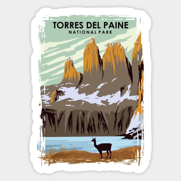 Torres Del Paine Natonal Park Vintage Minimal Chile Travel Poster Sticker by jornvanhezik